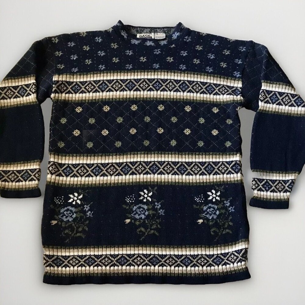Vintage Basic Edition Blue Floral Grandmacore‎ Sweater 90s Y2K Oversized Medium
